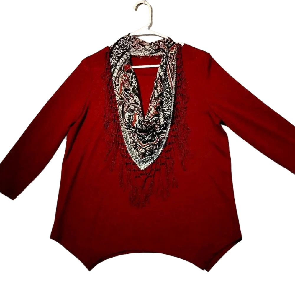 Women's  Burgundy Long Sleeve Blouse w/Detachable Fringed Scarf CK MEASUREMENTS